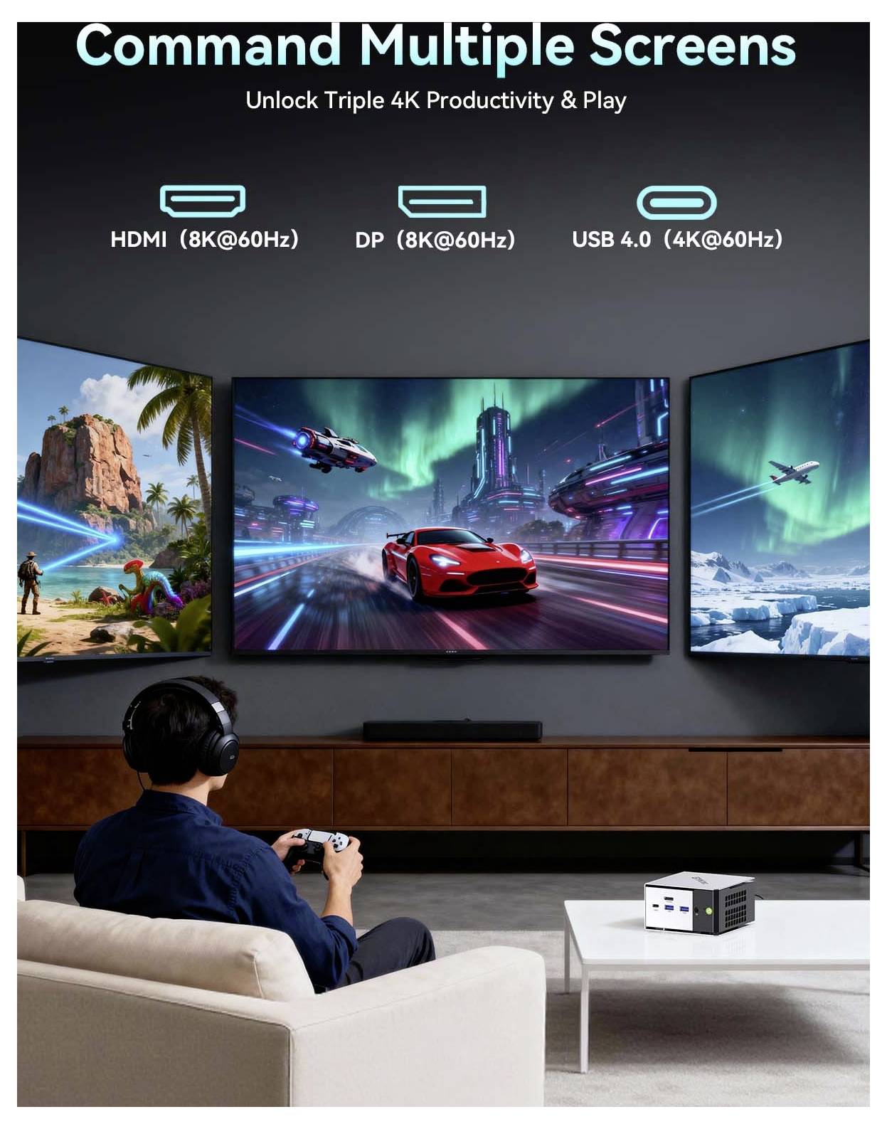 Werbebild einer Person, die auf einem Sofa mit drei 4K-Displays spielt; der Text hebt „Mehrere Bildschirme steuern