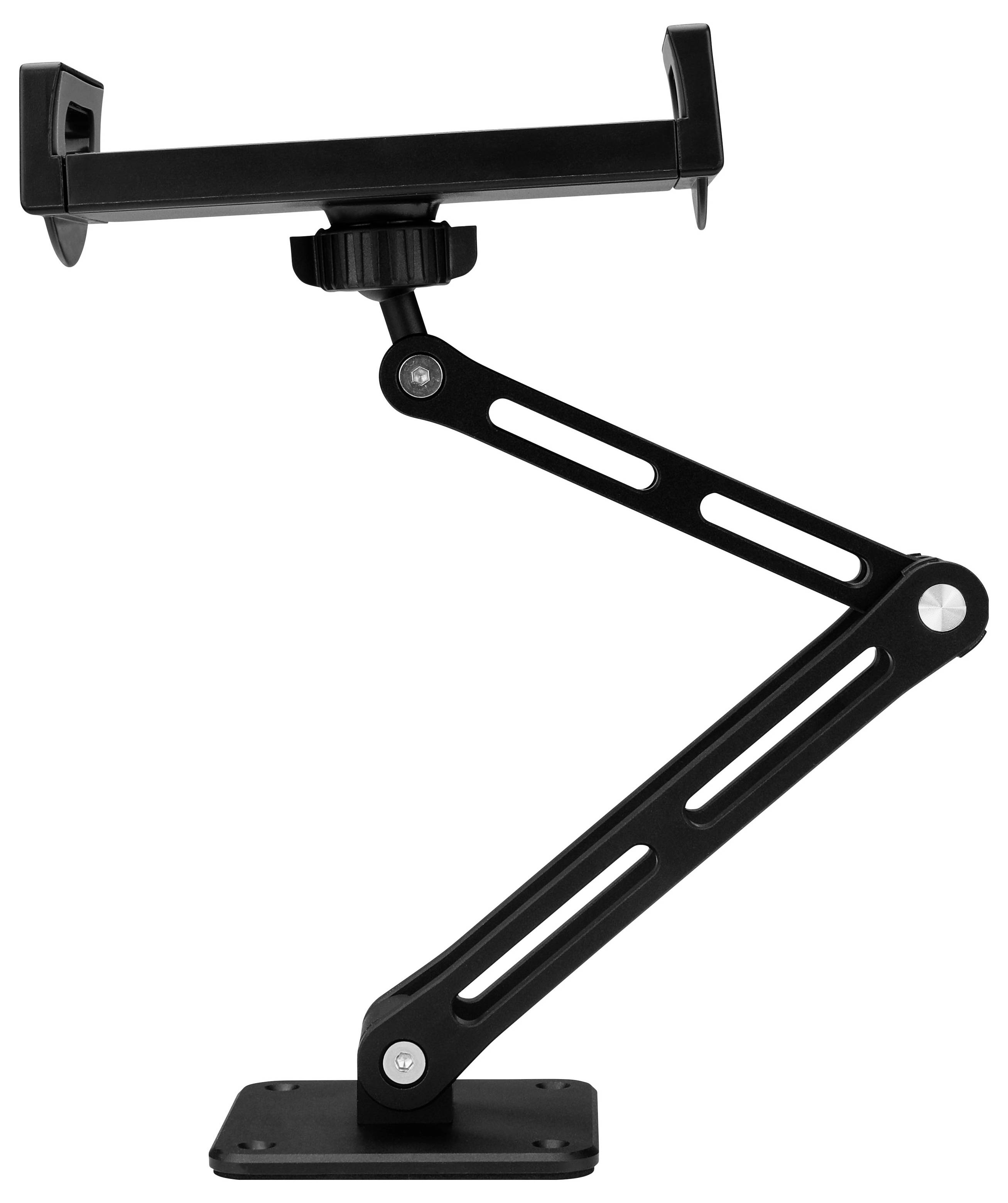 Verstellbare schwarze Monitor- oder Tablet-Armhalterung mit Klemmstil-Halter und gewichteter Basis, gezeigt auf weißem Hintergrund.