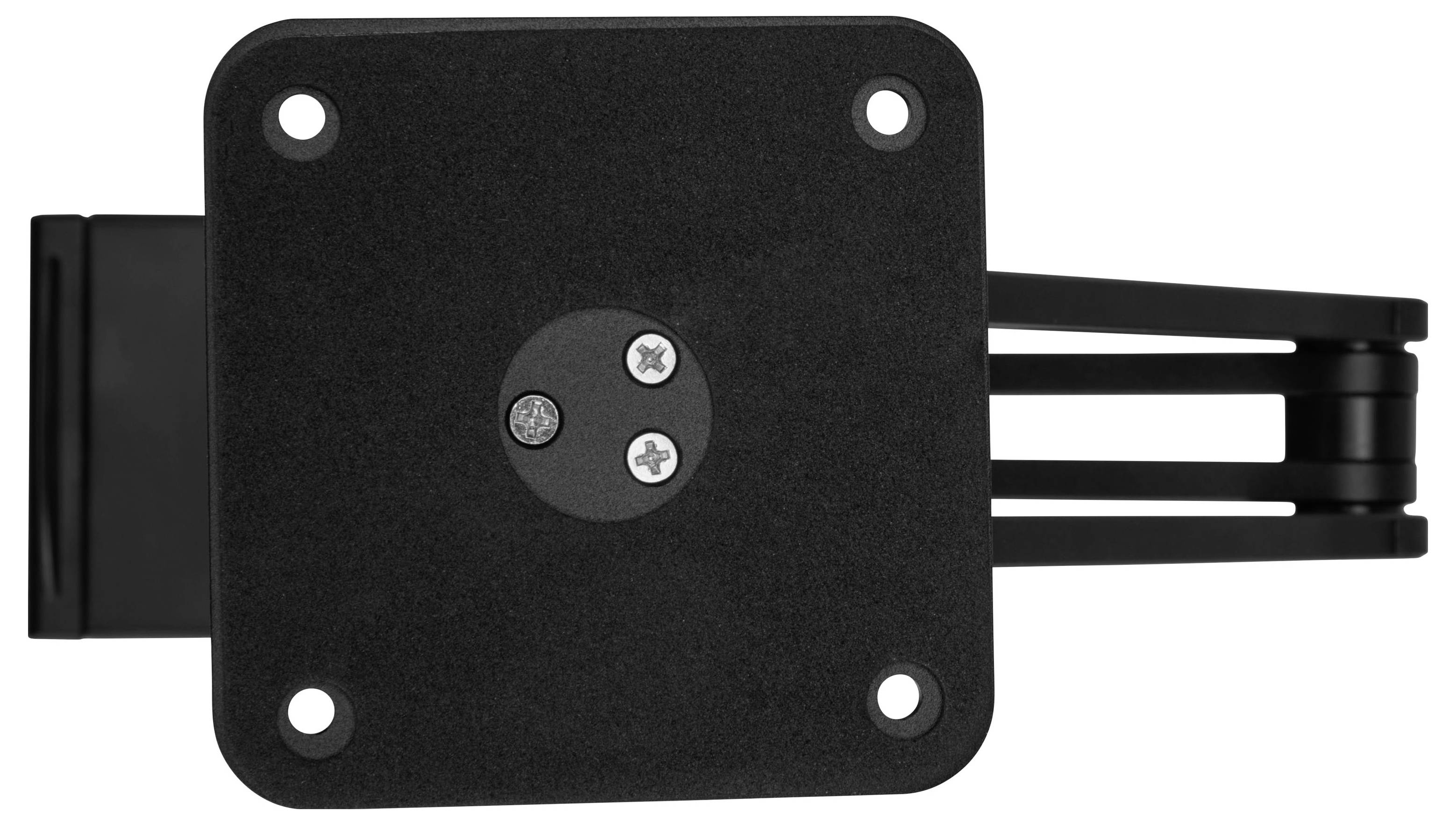 Schwarze verstellbare Wandhalterung mit quadratischer Platte, vier Echlöchern und ausziehbarem Arm für einen Fernseher oder Monitor.