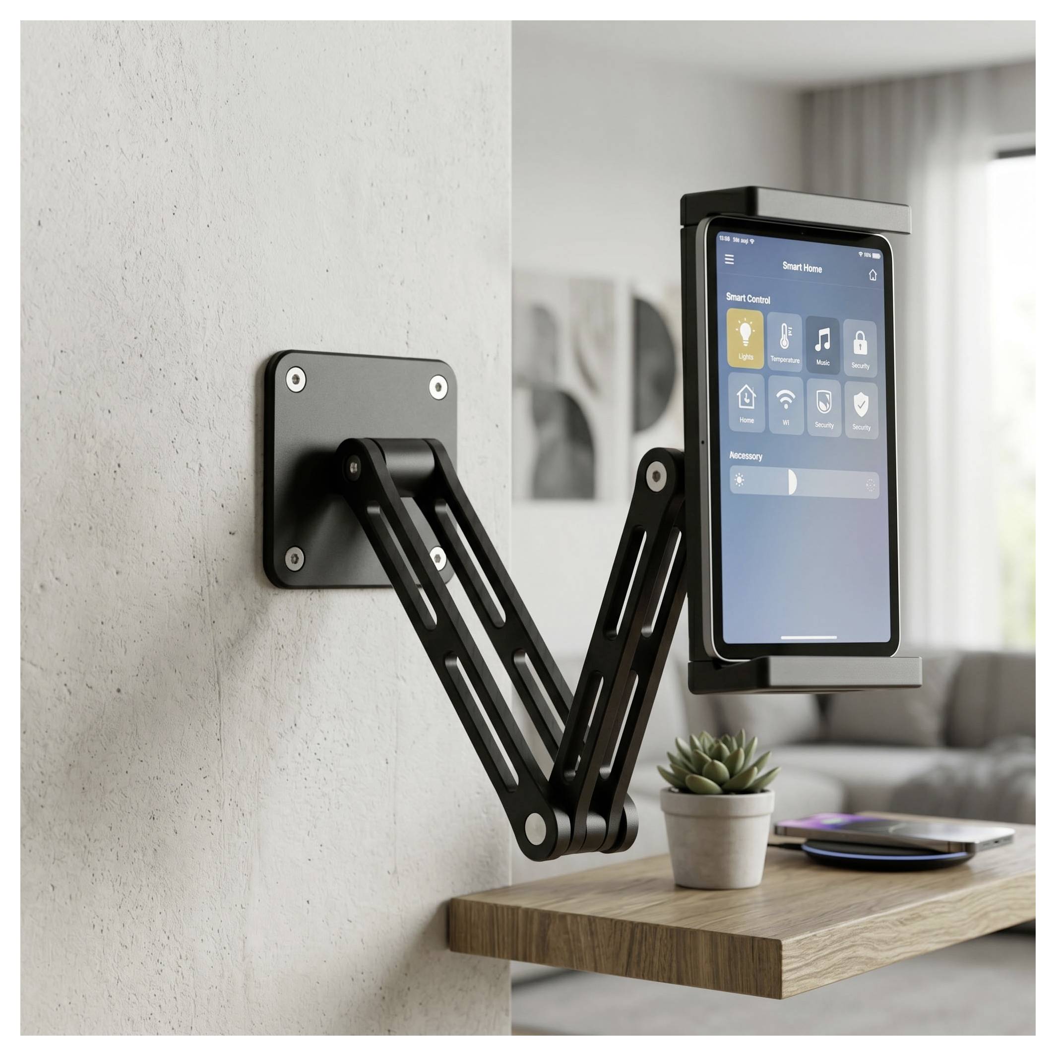 Verstellbarer wandmontierter Arm, der ein Tablet über einem Holzschreibtisch hält und einen Smart-Home-Steuerungsbildschirm anzeigt.