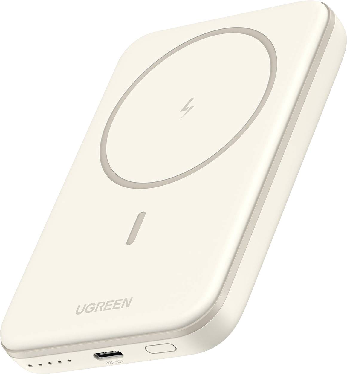 Cremefarbene UGREEN MagSafe kabellose Powerbank mit kreisförmiger Ladepad und sichtbarem USB-C-Anschluss.