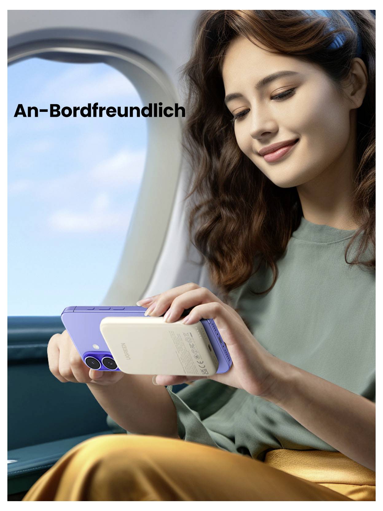Frau, die ein Smartphone in einem Flugzeug benutzt, mit dem Text „An-Bordfreundlich
