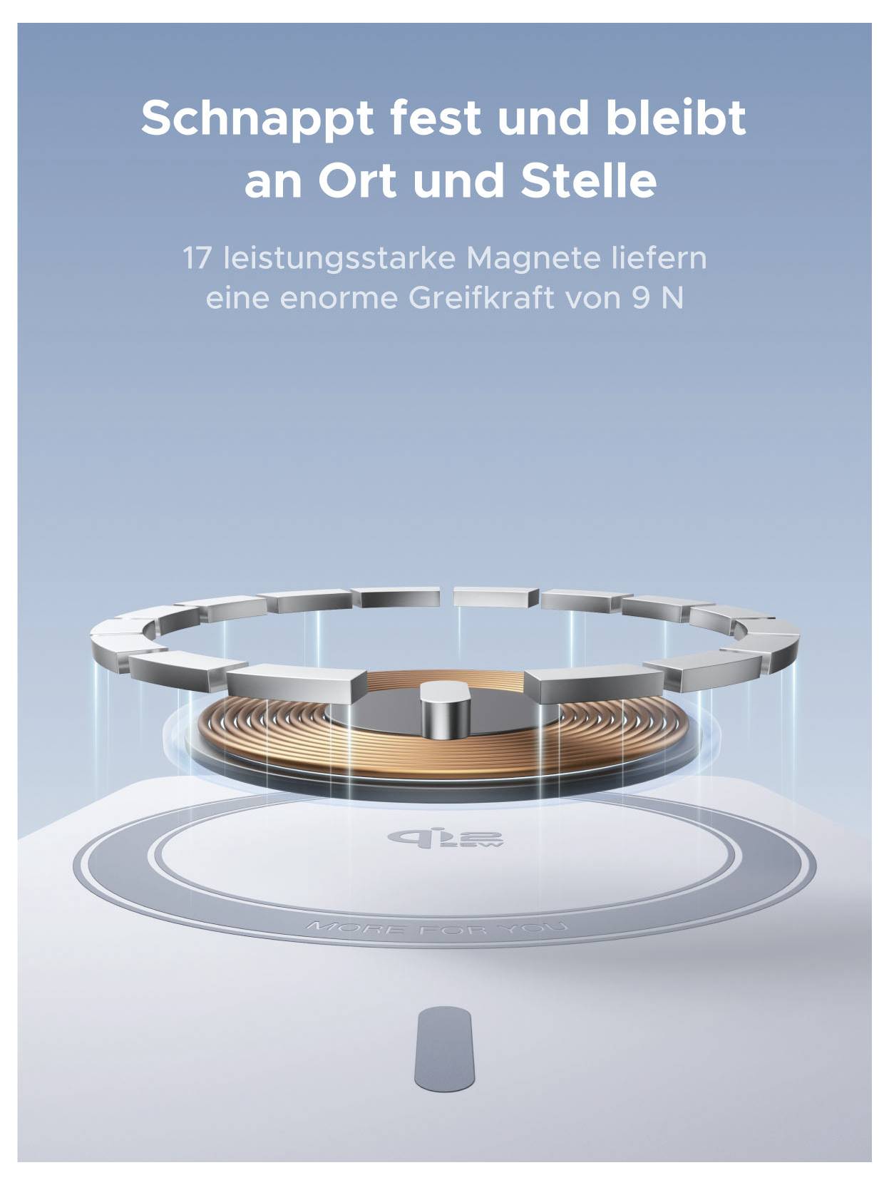 Produktdiagramm eines zirkulären magnetischen Zubehörs, das fest an Ort und Stelle hält, mit deutschem Text: „Schnappt fest und bleibt an Ort und Stelle