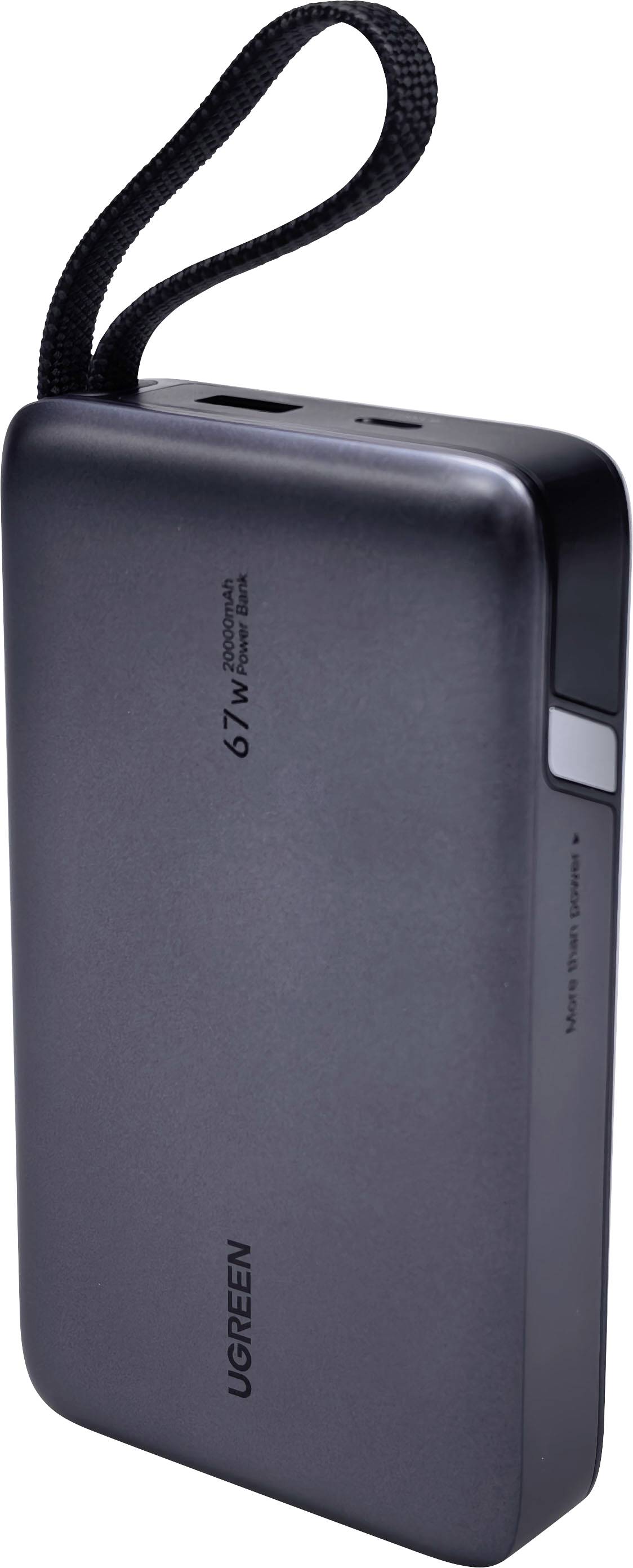 Schwarze UGREEN 67W tragbare Powerbank mit eingebautem Trageband und sichtbaren Ladeanschlüssen oben.