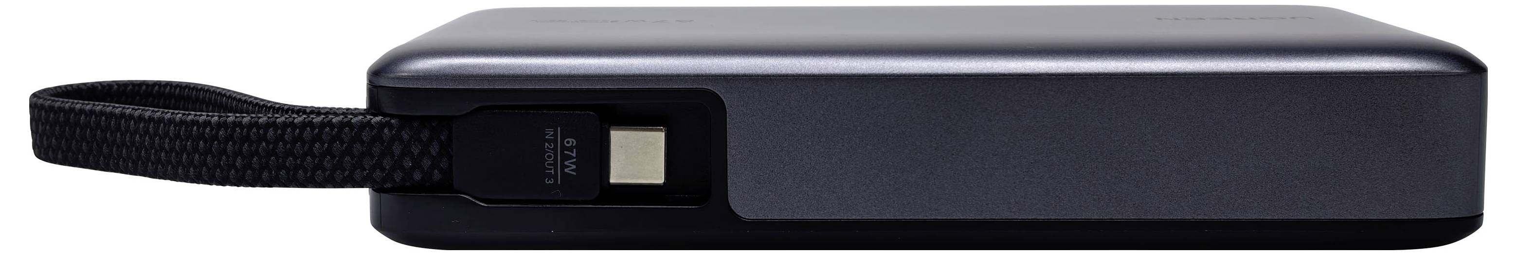 Tragbare schwarze SSD mit gewebtem Schlaufenriemen und sichtbarem USB-C-Anschluss auf weißem Hintergrund.