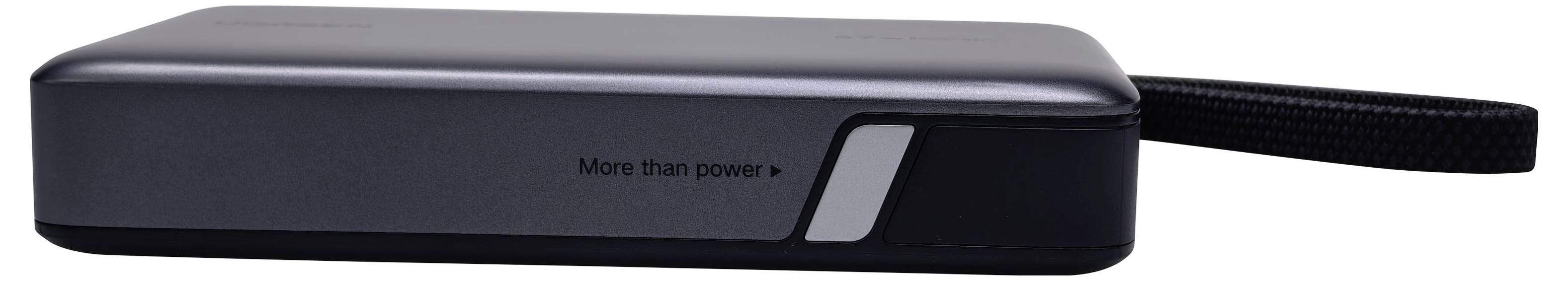 Eine schwarze Powerbank mit angebrachtem geflochtenem Kabel, mit der Aufschrift „More than power.