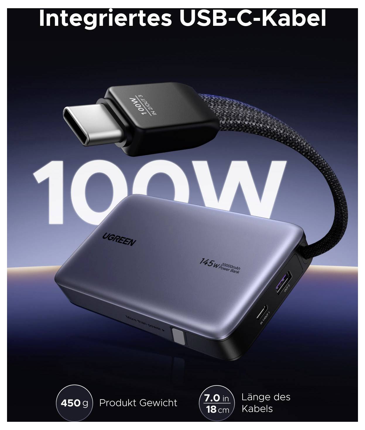 Werbebild eines UGREEN USB-C-Ladegeräts mit integriertem Kabel, das 
