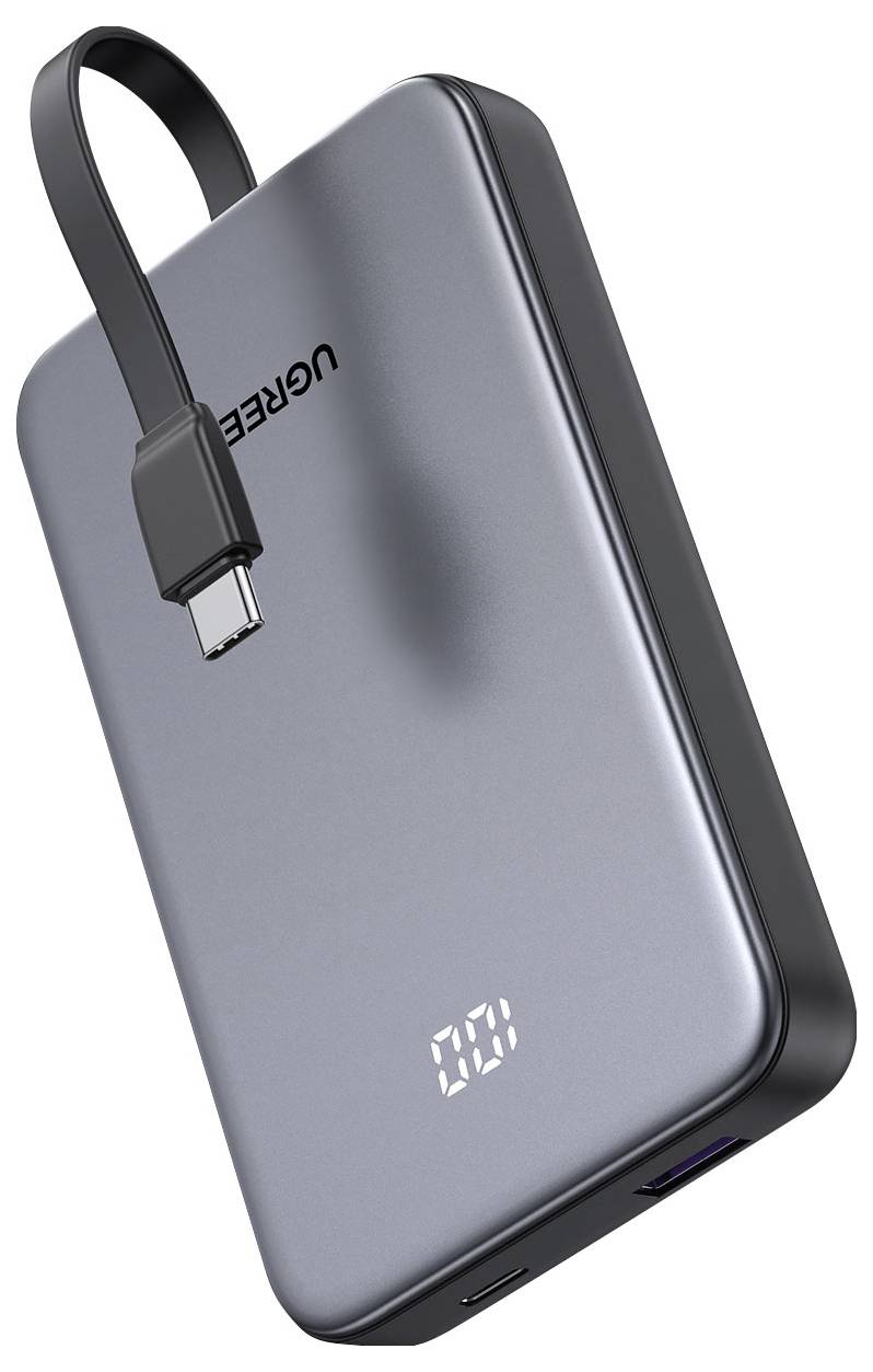Tragbare graue UGREEN Powerbank mit integriertem USB-C-Kabel und digitaler Batterieanzeige.