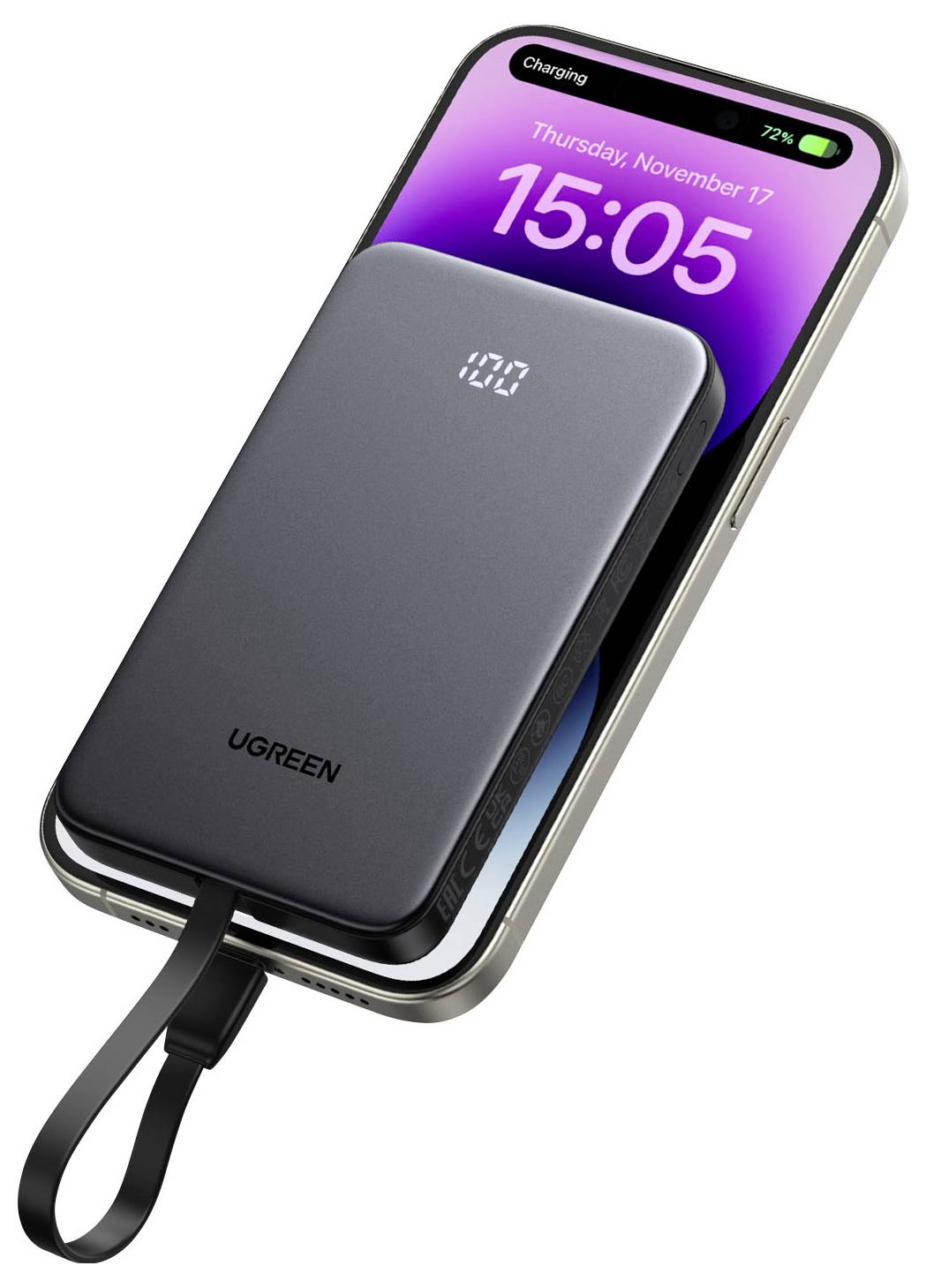 UGREEN tragbarer Powerbank lädt ein Smartphone auf, mit digitalem Batterie-Display und angeschlossenem Kabel.