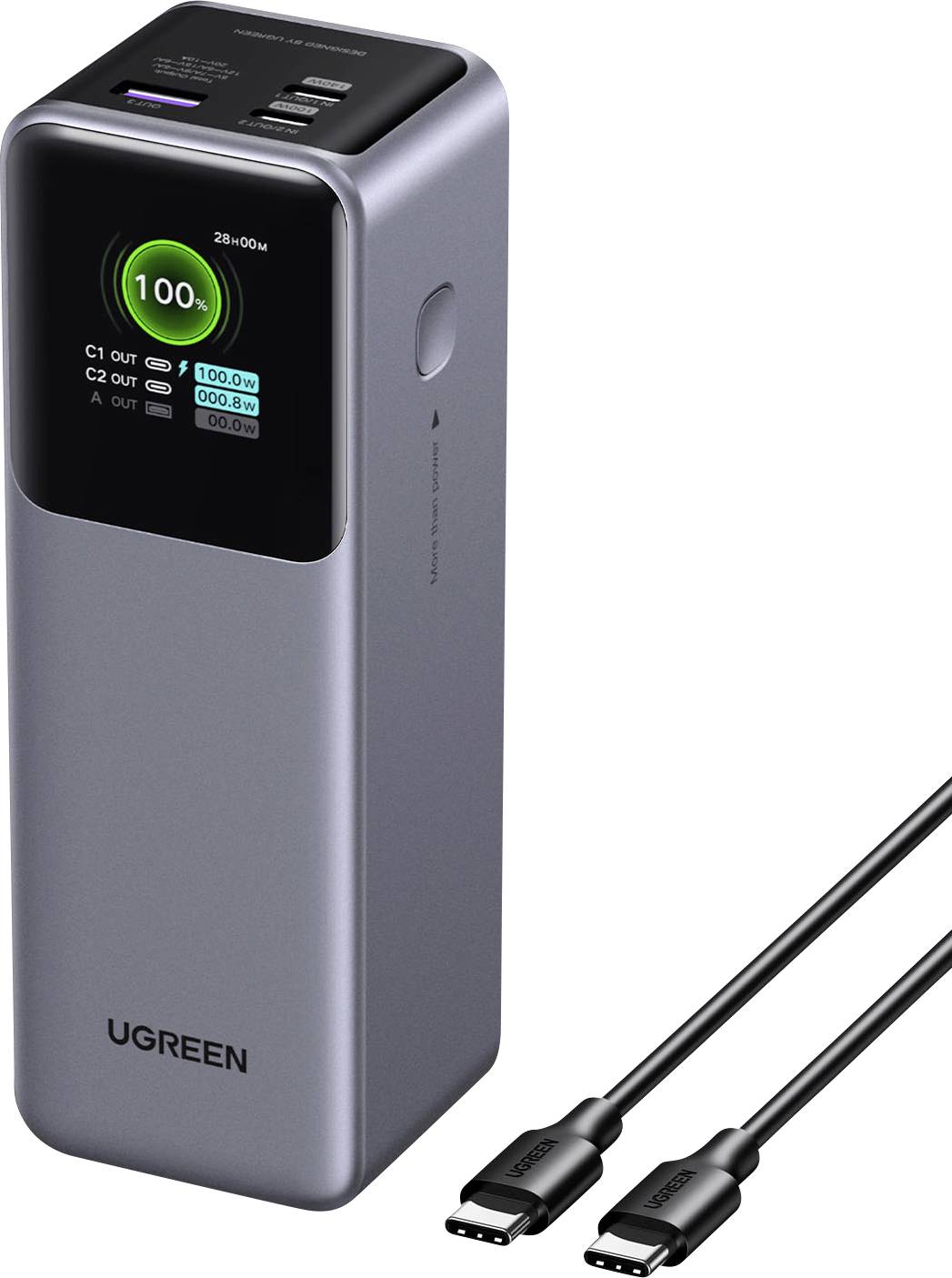 UGREEN tragbare Powerbank mit digitaler Batterieanzeige und zwei angeschlossenen USB-C-Ladekabeln.