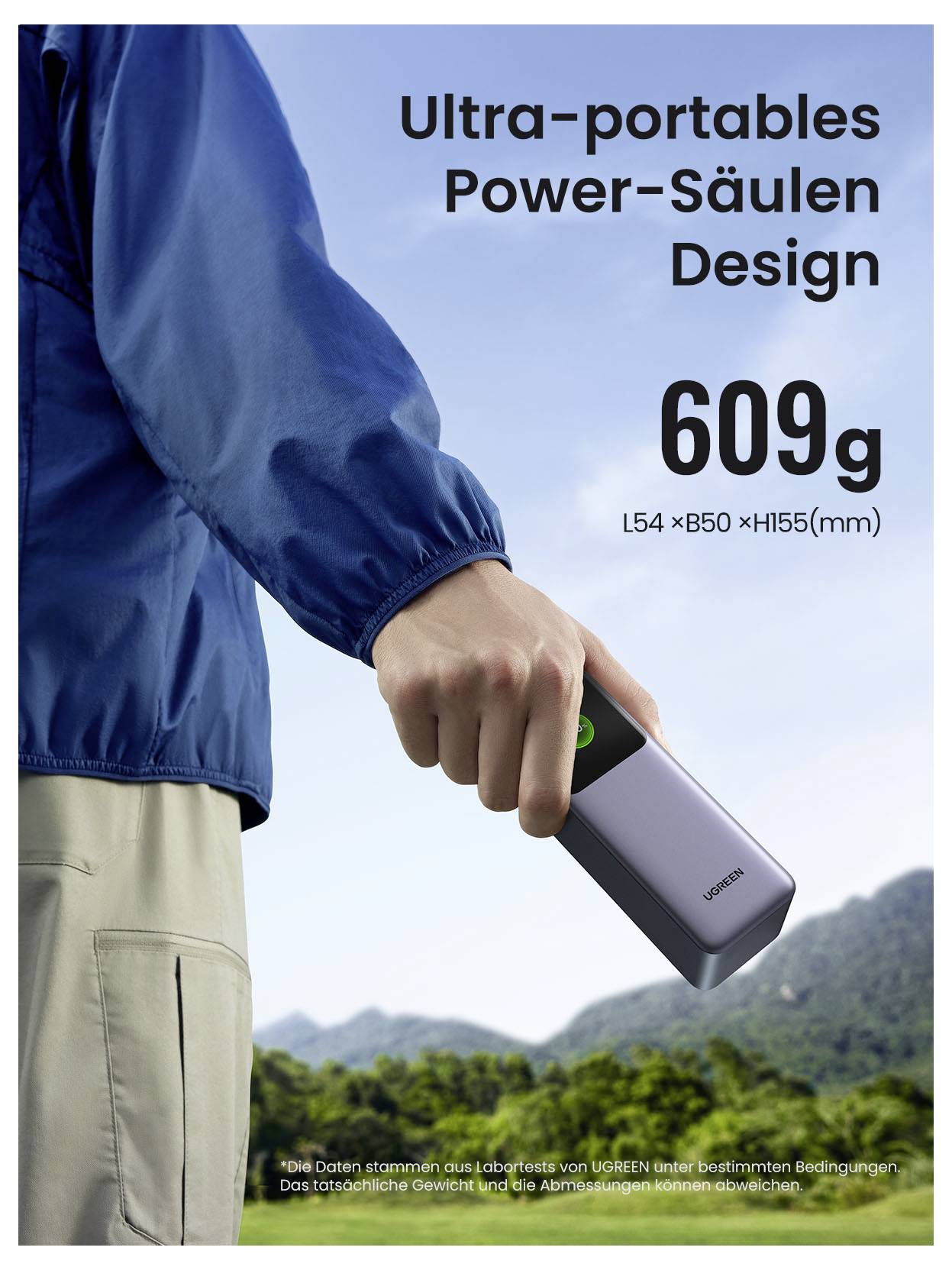 Person in einer blauen Jacke hält eine kompakte tragbare Stromstation; Text hebt 