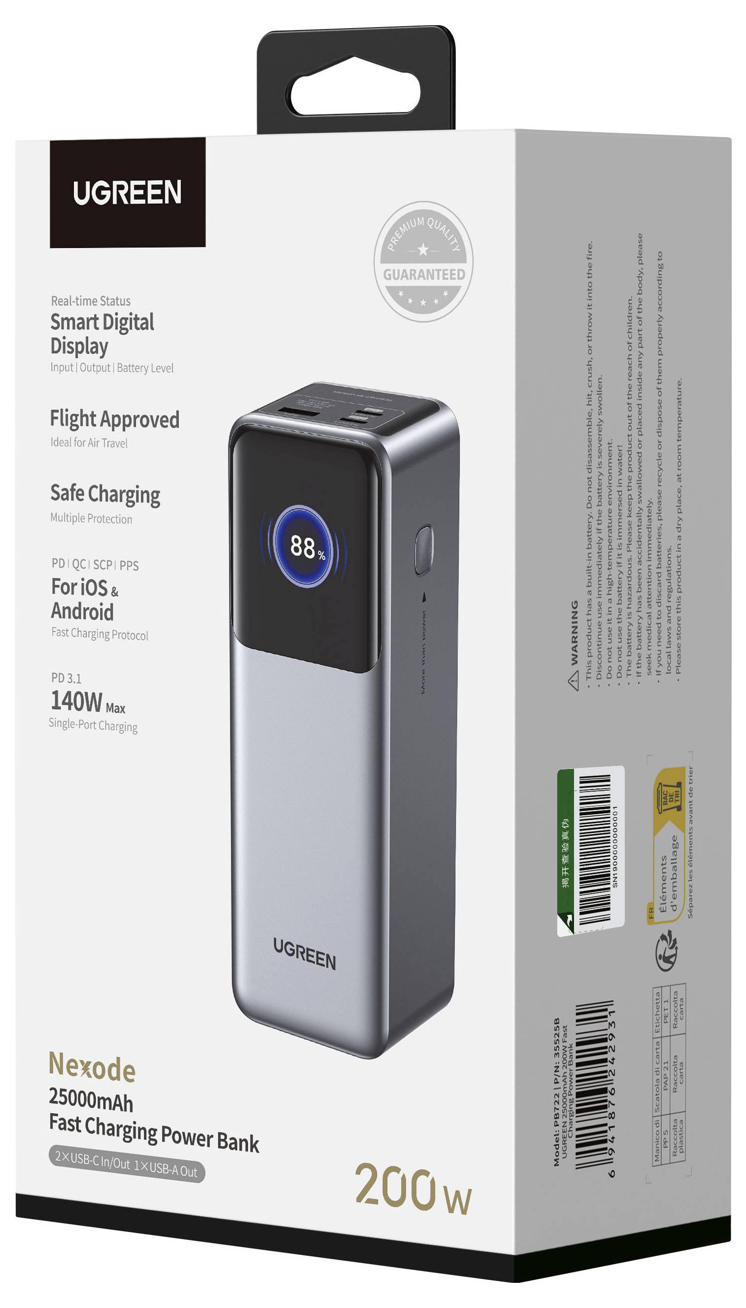 UGREEN 25.000mAh Schnelllade-Powerbank-Box, zeigt ein 200W intelligentes digitales Display tragbares Ladegerät für iOS und Android.