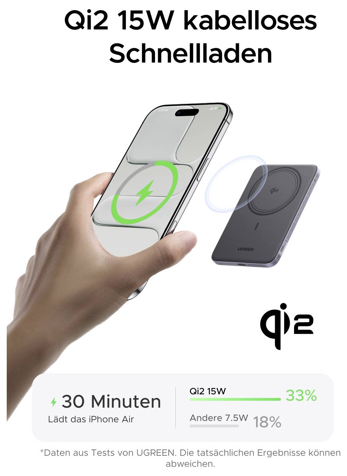 Anzeige für „Qi2 15W kabelloses Schnellladen