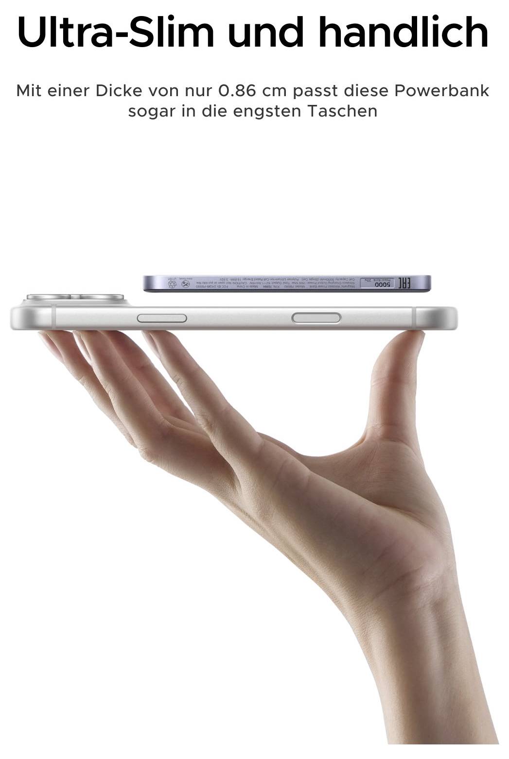 # Anzeige mit ultraflacher Powerbank, die auf einer Hand balanciert wird, mit deutschem Text: 'Ultra-Slim und handlich' und '0,86 cm' hebt sein dünnes, taschenfreundliches Design hervor.