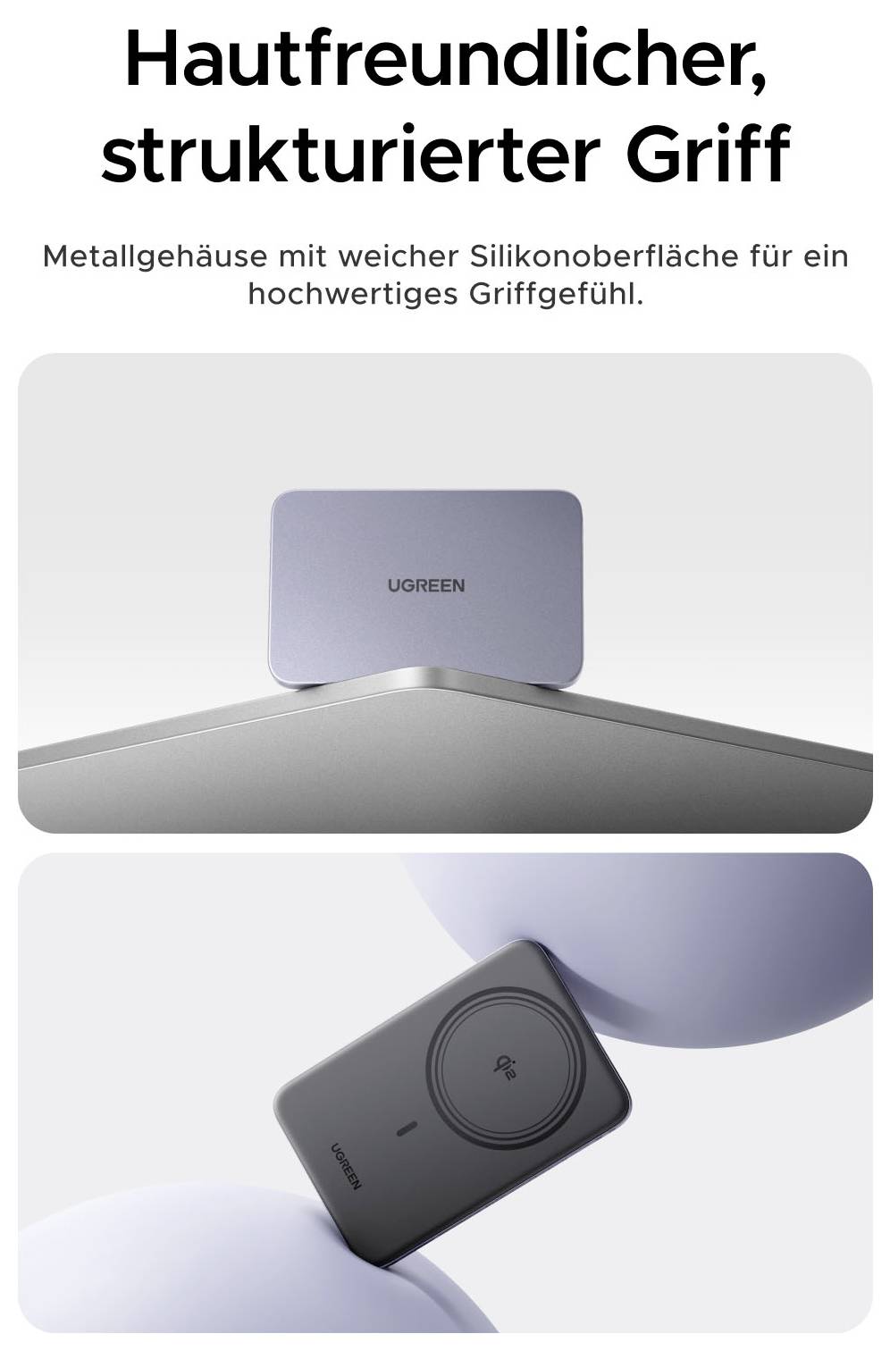 UGREEN Produktgrafik für ein Gerät mit hautfreundlichem, strukturiertem Griff und weichem Silikon-Metallgehäuse für ein Premium-Gefühl.