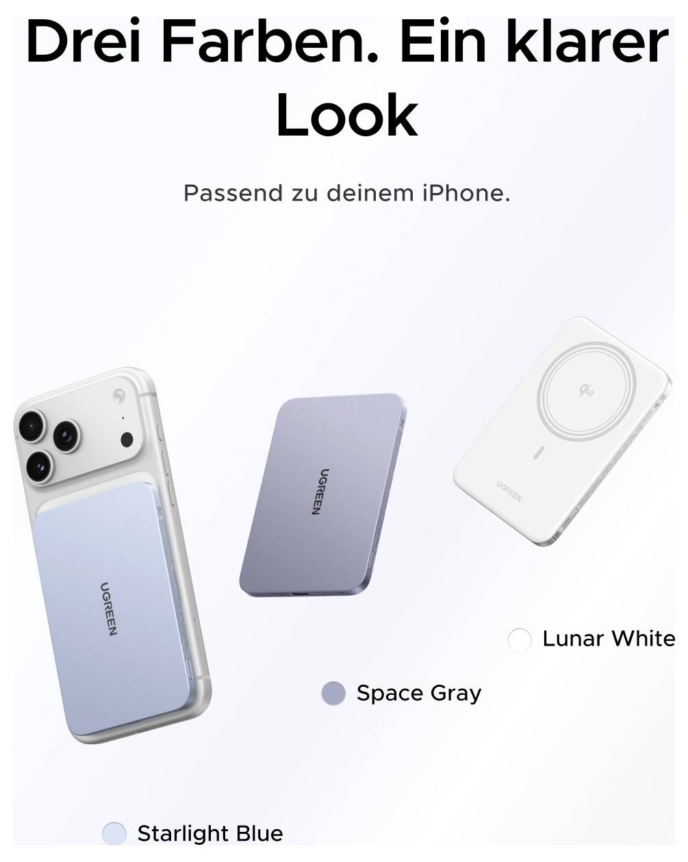 Anzeige zeigt drei Handyhüllen in Starlight Blue, Space Gray und Lunar White mit deutschem Text „Drei Farben. Ein klarer Look