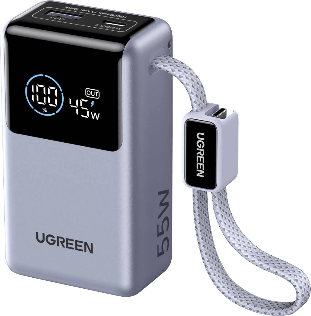 UGREEN tragbare Powerbank mit geflochtener Schlaufe, schwarzes Display zeigt 100% an und 45W Ausgangsleistung.