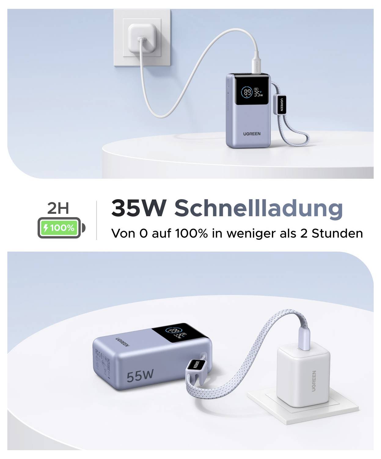 Werbegrafik eines tragbaren Ladegeräts, das von einer Wandsteckdose aufgeladen wird, beschriftet mit „35W Schnellladung