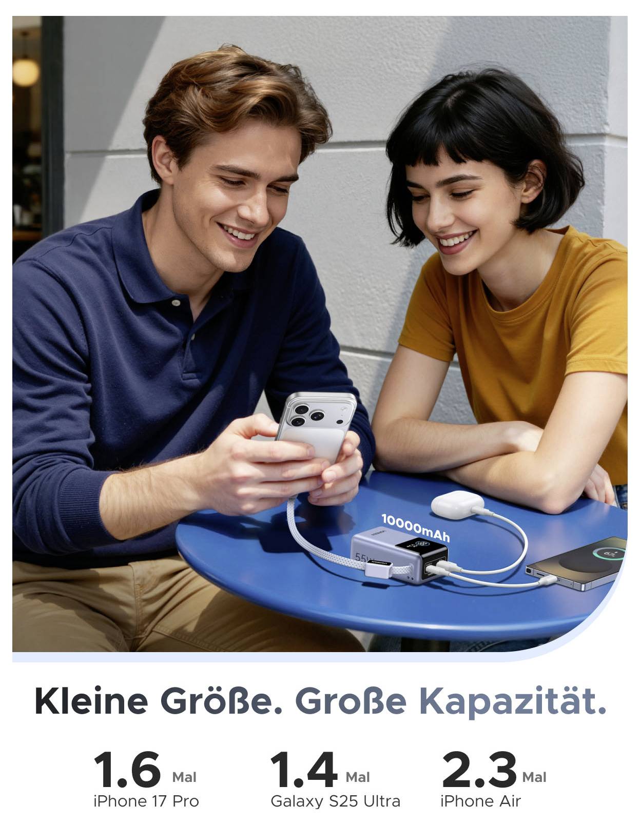 Zwei Menschen lächeln, während sie auf ein Smartphone neben einer tragbaren Powerbank auf einem blauen Tisch schauen; der Anzeigentext besagt „Kleine Größe. Große Kapazität.