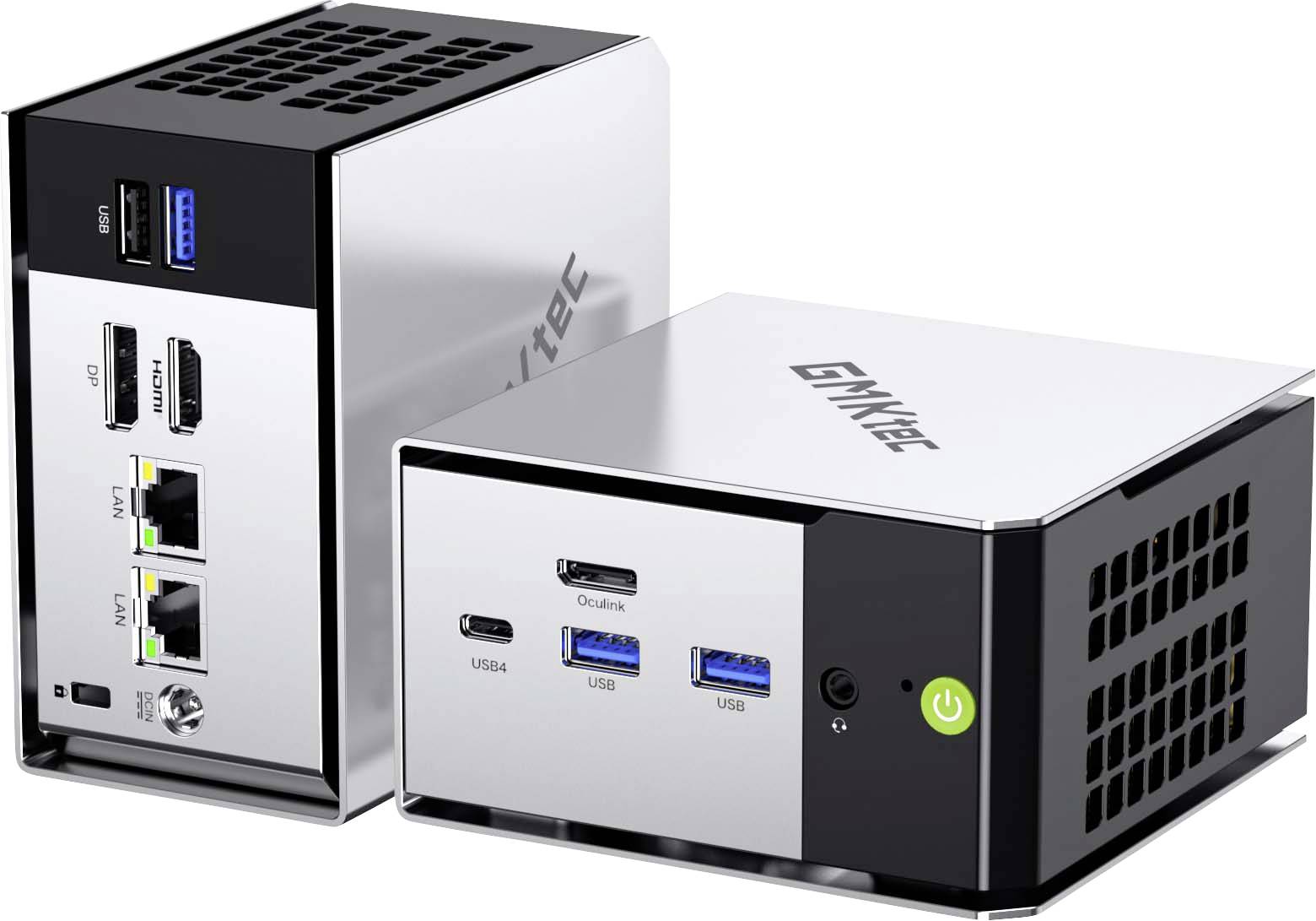 Zwei kompakte GEEKOM Mini-PCs von vorne und von hinten gezeigt, mit mehreren Anschlüssen einschließlich USB-C, USB-A, HDMI, LAN und Stromschaltern.