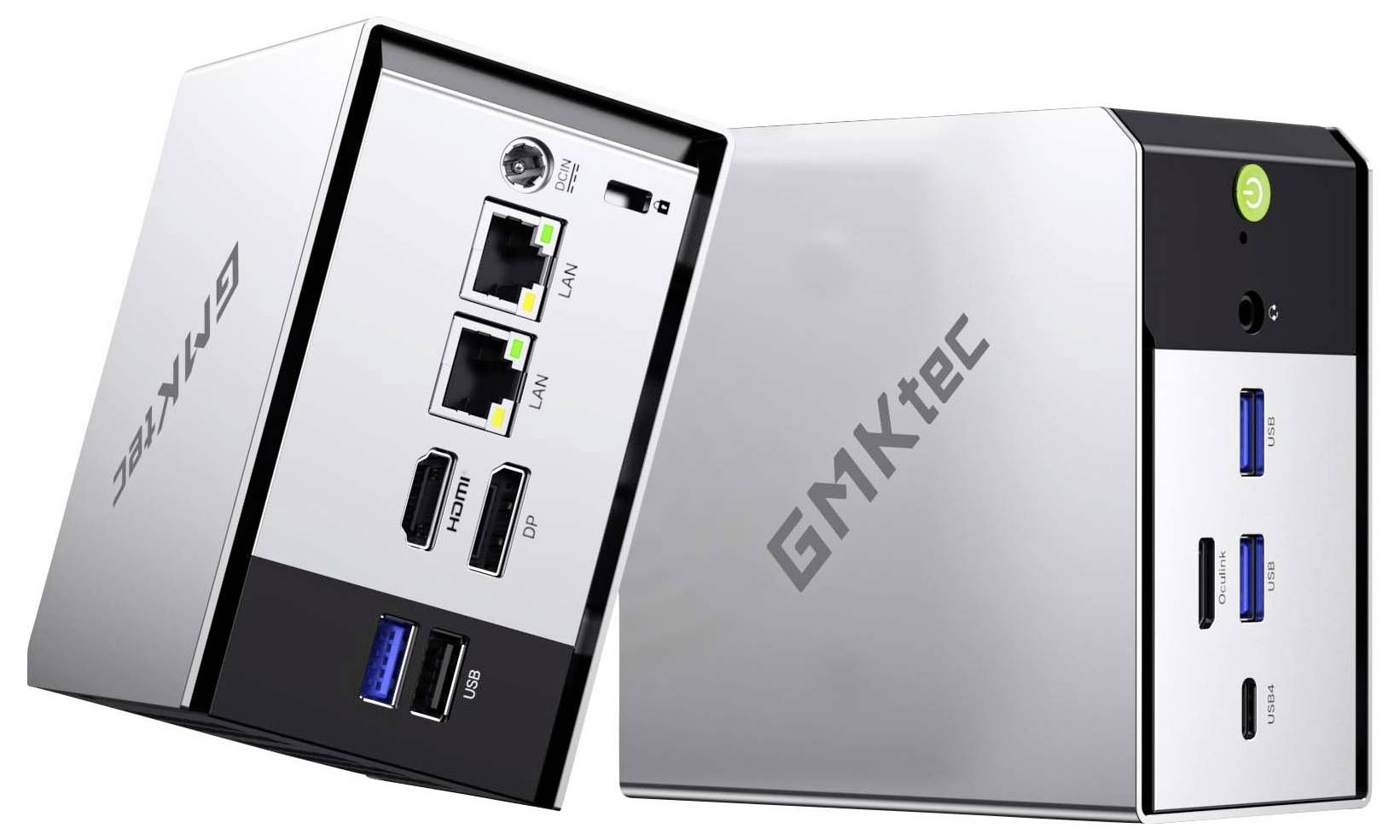 Zwei kompakte GMKtec Mini-PCs aus verschiedenen Blickwinkeln, die ihre silbernen und schwarzen Gehäuse sowie die hinteren/vorderen Anschlüsse hervorheben, einschließlich Ethernet, HDMI/DP, USB und Stromtasten.