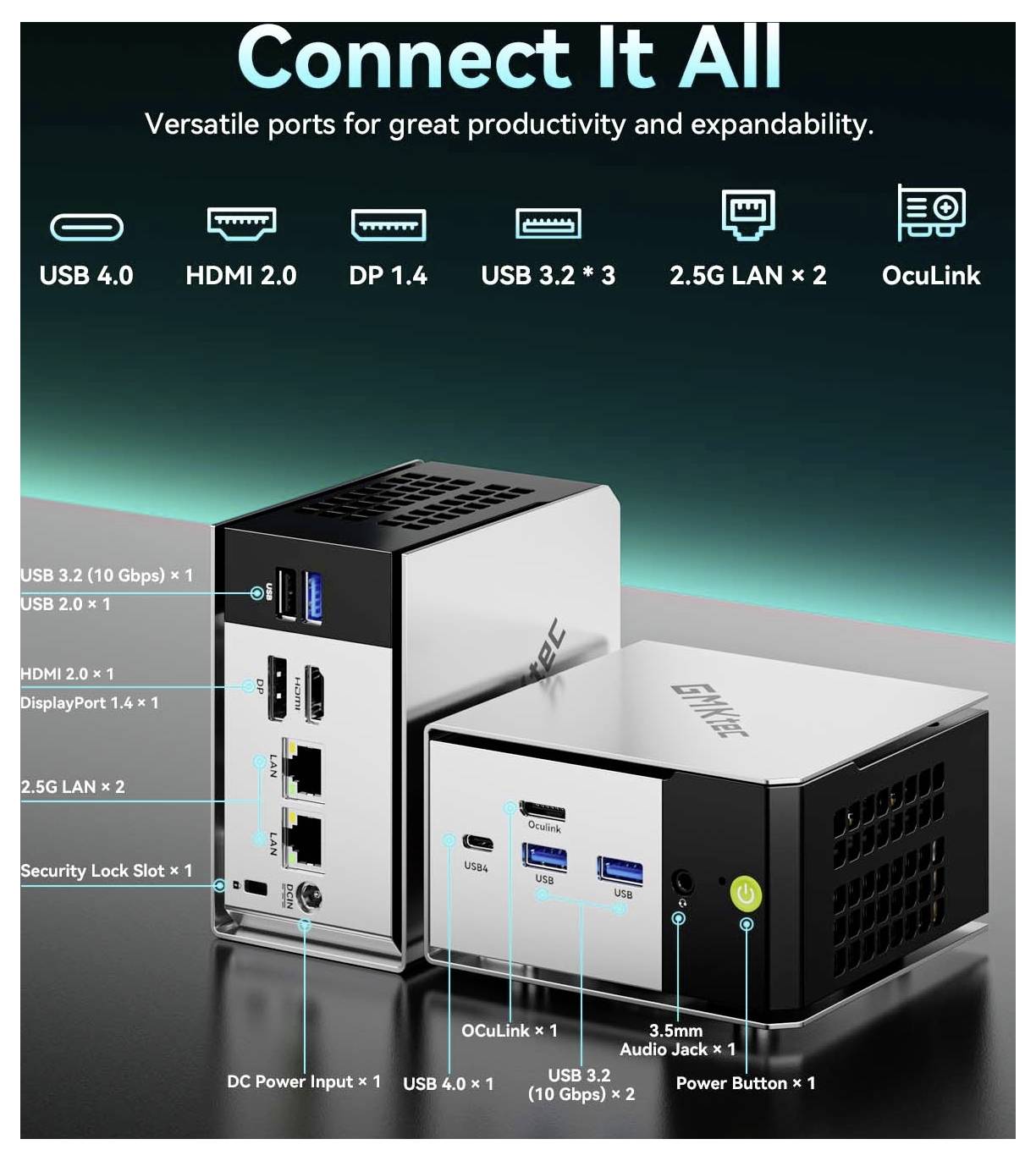 Verbinden Sie allesUSB 4.0, HDMI 2.0, DisplayPort 1.4, USB 3.2, Dual-2,5G-LAN und OcuLink.