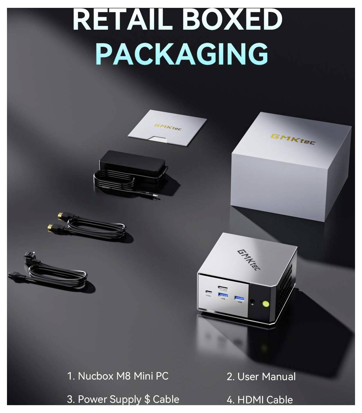 Einzelhandelsverpackung für einen GMKtec Nucbox M8 Mini-PC, der den Mini-PC, die Bedienungsanleitung, das Netzteil mit Kabel und ein HDMI-Kabel in einer Präsentationslayout zeigt.