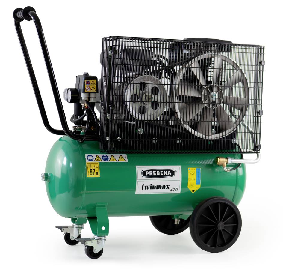 Grüner tragbarer Luftkompressor mit schwarzem Griff, Rädern und Schutzgitter für den Lüfter; mit der Bezeichnung „PREBENA twinmax 420