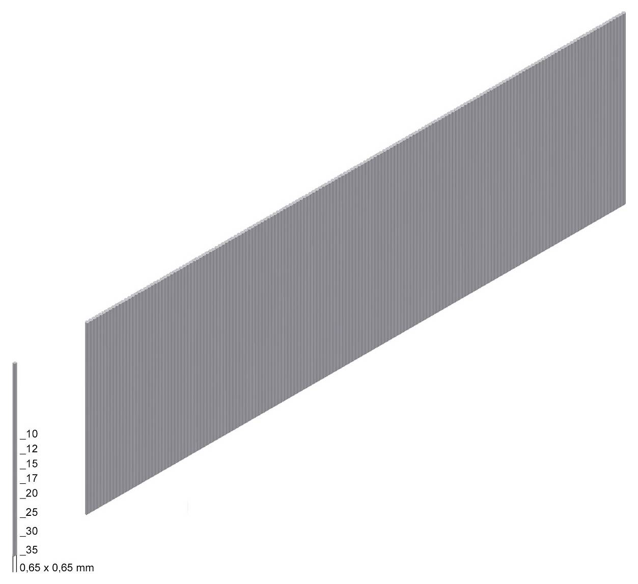 Graue diagonale Parallelogrammform auf weißem Hintergrund, dargestellt neben einem kleinen Maßstab in Millimetern.