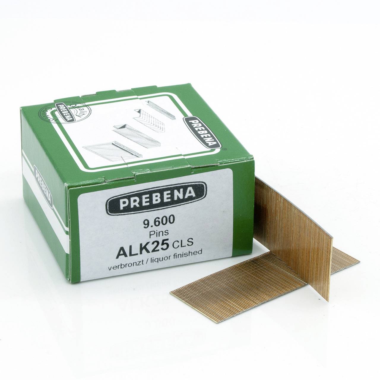 Grüne PREBENA-Box mit 9.600 ALK25 CLS Nägeln, mit zwei Streifen goldfarbener Befestigungselemente daneben angezeigt.