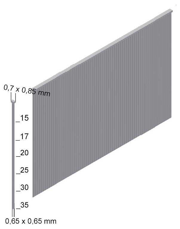 Diagramm eines konischen rechteckigen Metallstreifens, oben mit 0,7 x 0,85 mm gekennzeichnet und unten mit 0,65 x 0,65 mm, mit Größenmarkierungen 15 bis 35 an der Seite.