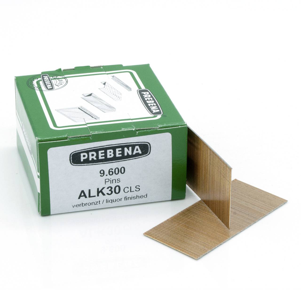 Schachtel mit PREBENA ALK30 CLS 9.600 bronzierten Stiften mit einem Beispiel der L-förmigen Befestigungsstifte daneben.