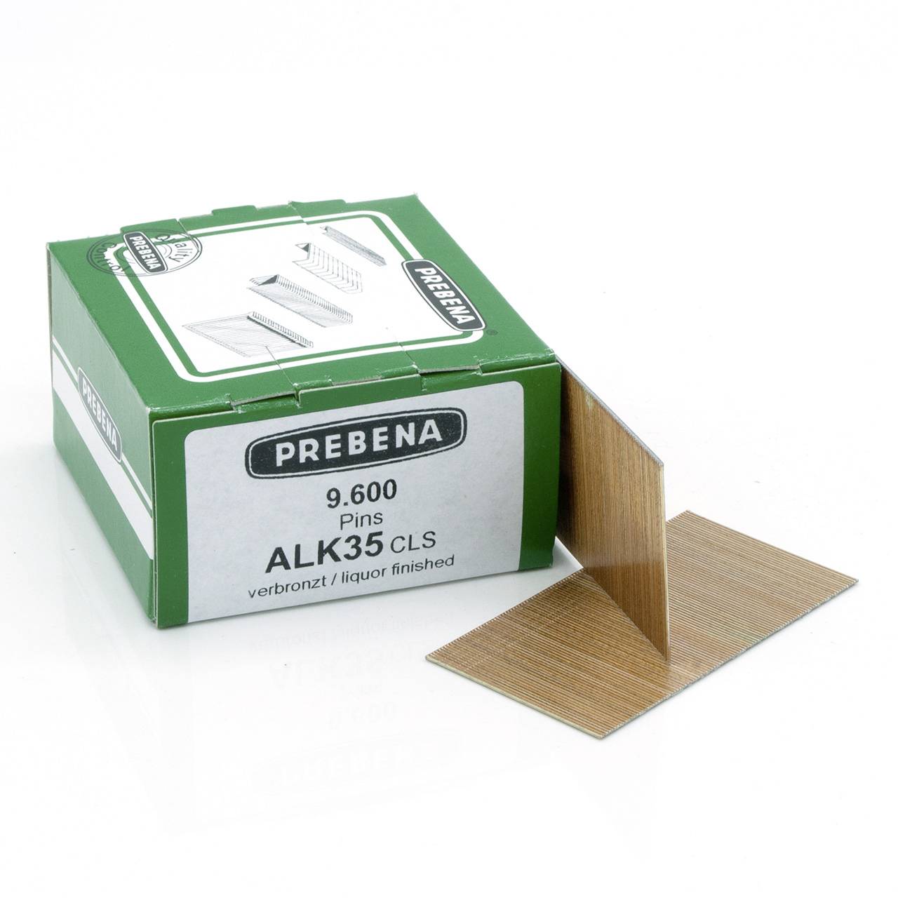 Grüne Schachtel mit PREBENA 9.600 ALK35 CLS Stiften neben einer geöffneten Musterpackung holzähnlicher Heftstreifenproben auf weißem Hintergrund.