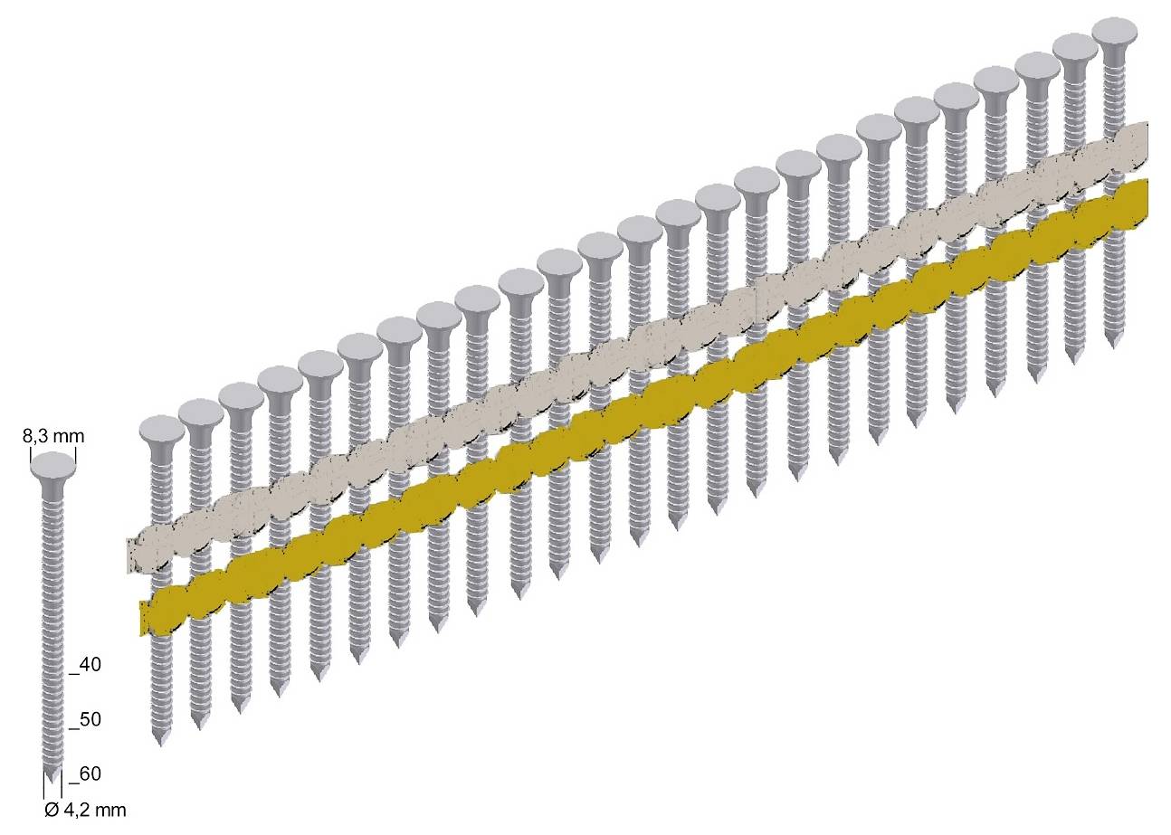 Explodierte Ansicht einer langen Reihe von Schrauben und Streifenbefestigungen, die zwei verbundene Streifen mit gekennzeichneten Abmessungen von 8,3 mm, Ø 4,2 mm und 40–60 mm zeigt.
