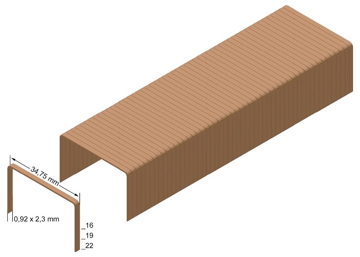 3D-Ansicht eines kupferfarbenen U-Kanal-Profils mit beschrifteten Abmessungen von 34,75 mm Breite und 0,92 x 2,3 mm Dicke, mit Höhen von 16, 19 und 22 mm.