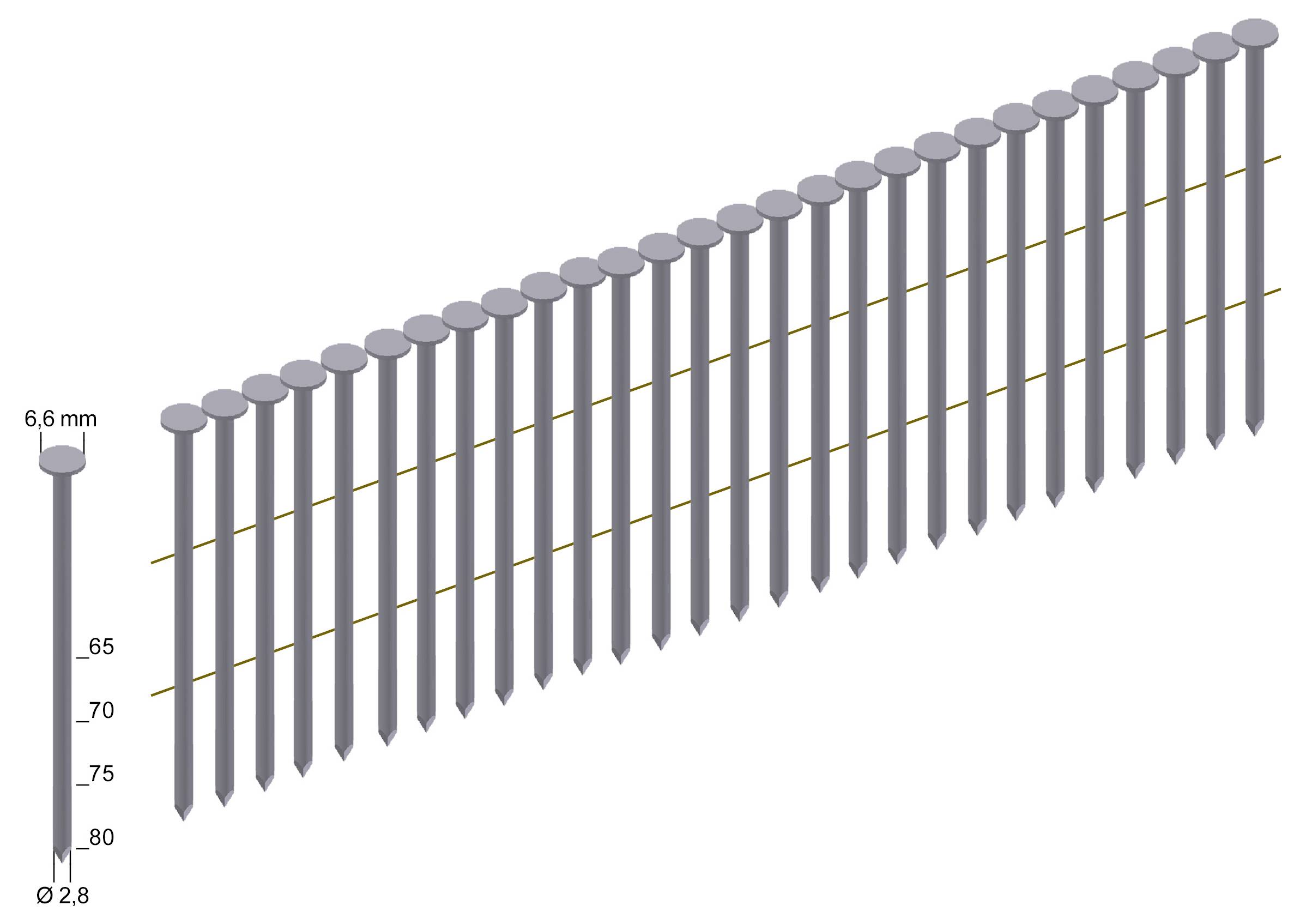 Diagramm von Nägeln mit einem 6,6 mm Kopf und vielen längeren Nägeln, nach Länge ausgerichtet, mit Größenbeschriftungen von 65 bis 80 und Durchmesser Ø2,8.