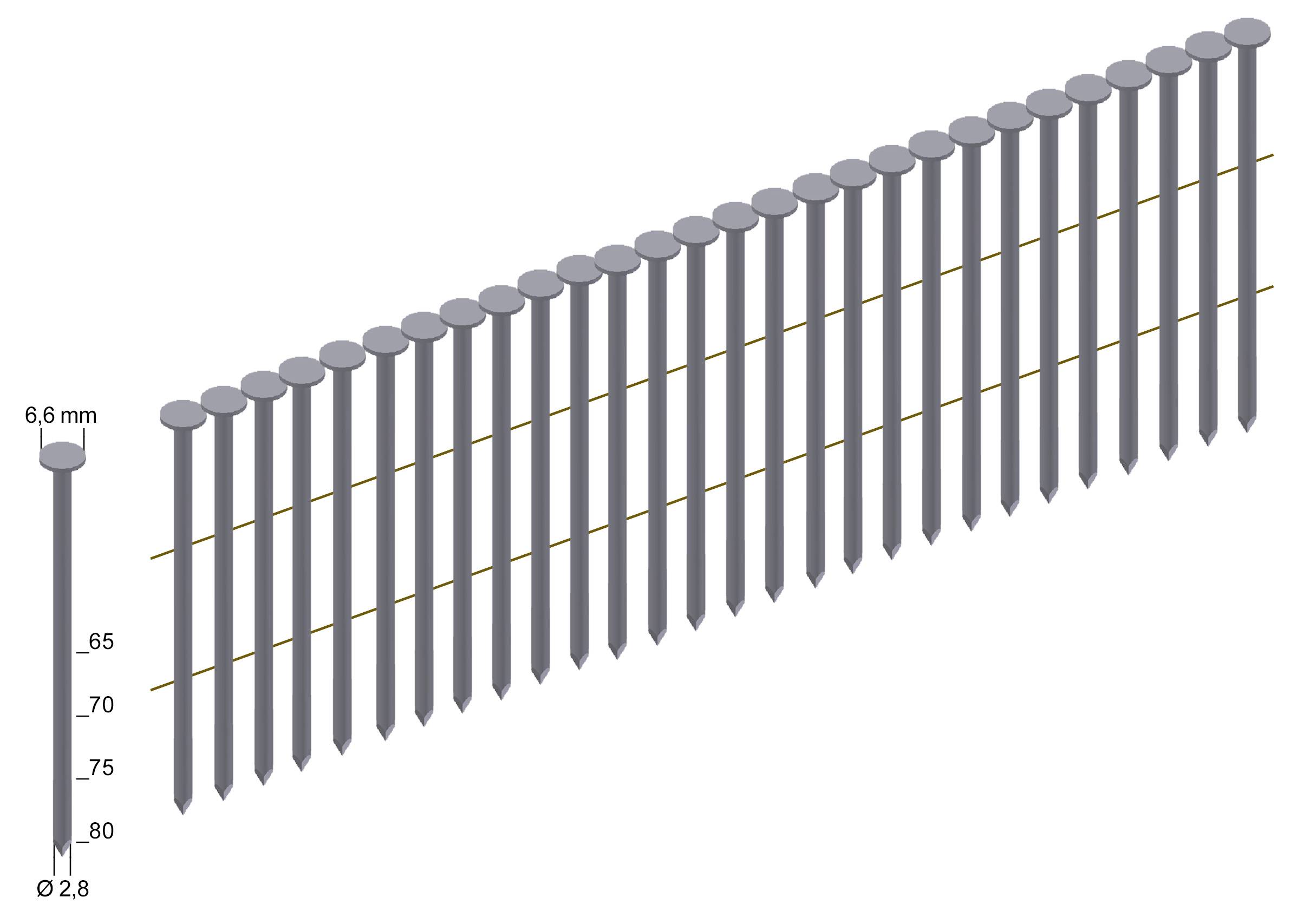 Diagramm einer Nagelsortimentsreihe mit mehreren grau dargestellten Nägeln, die in der Länge zunehmen, beschriftet von 65 bis 80 mm mit 2,8 mm Durchmesser und 6,6 mm Kopf.