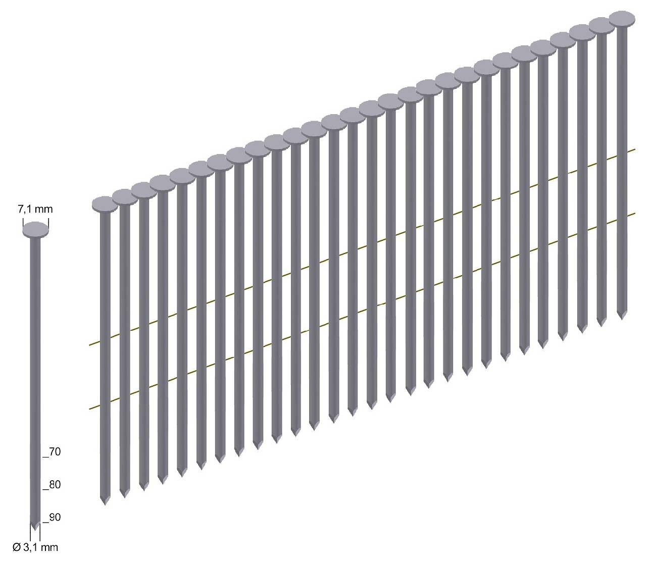 Diagramm von zwei Nagelgrößen: ein 7,1 mm Kopf und 3,1 mm Schaft auf der linken Seite, und eine Reihe von längeren Nägeln, die eine zunehmende Länge bis etwa 90 mm zeigen.