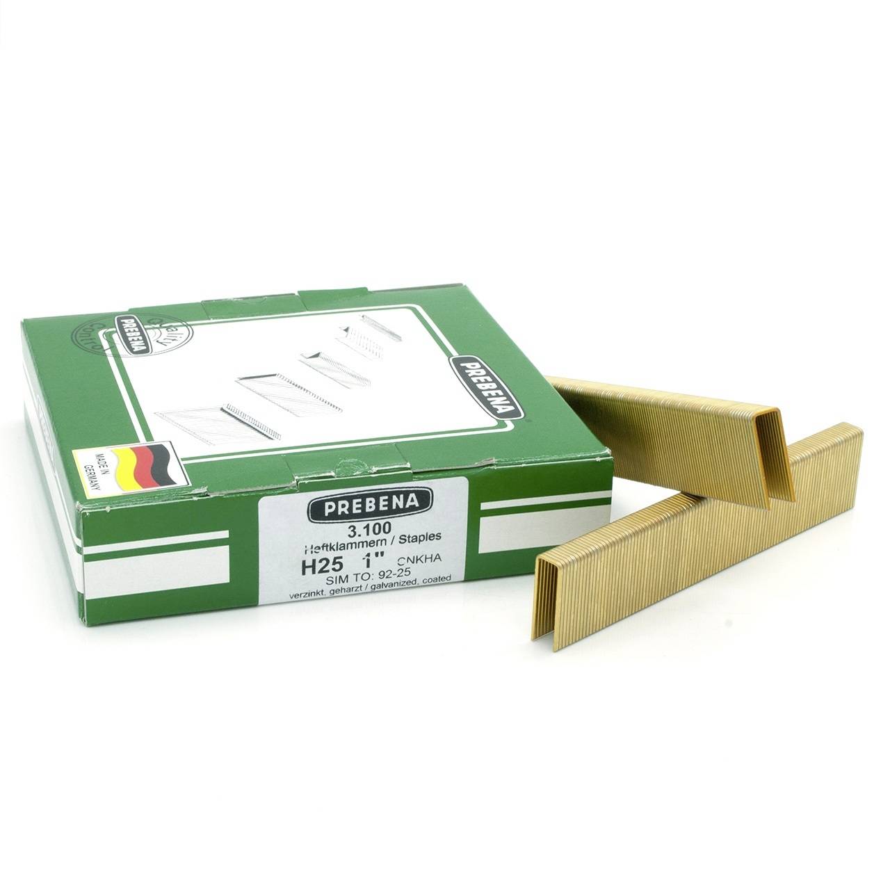 Box mit Prebena H25-Heftklammern mit einem Streifen goldener Heftklammern daneben auf weißem Hintergrund