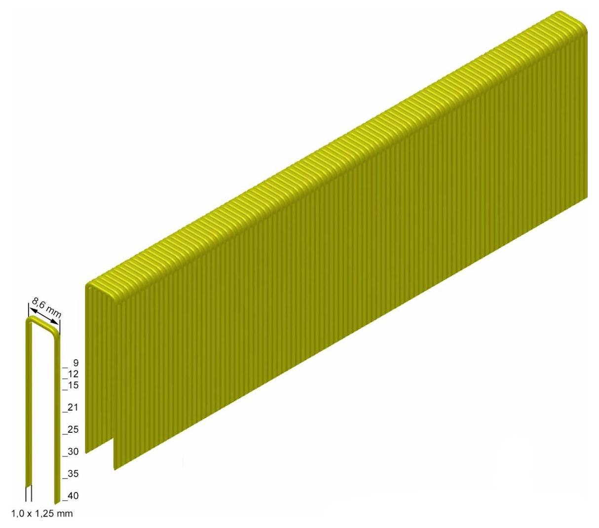 3D-Illustration eines gelben Wellkartons oder Panels mit einer Maßstabskala, die eine Breite von 9,6 mm und einen Abstand von 1,0 x 1,25 mm zeigt.