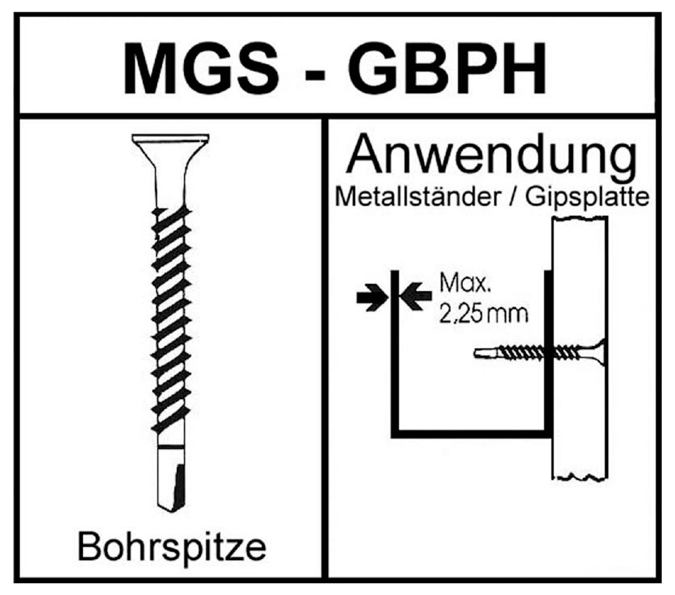 Diagramm der MGS-GBPH-Schraube: links zeigt die Bohrspitze, rechts zeigt die Verwendung an einem Metallständer und einer Gipskartonplatte mit maximaler Dicke 2,25 mm.