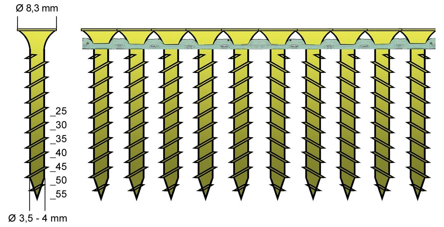 Diagramm von gelben Schrauben in einer Reihe, beschriftet mit Ø 8,3 mm am Kopf und Ø 3,5–4 mm an der Spitze, mit Längenkennzeichnungen 25–55.
