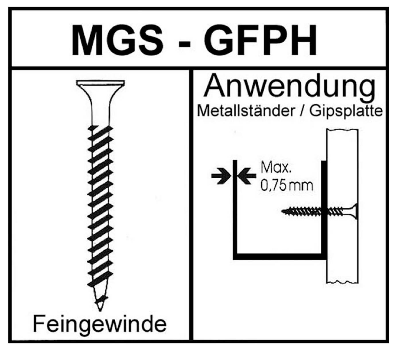 Diagramm einer MGS-GFPH-Feingangschraube und deren Verwendung zur Befestigung eines Metallprofils an einer Gipskartonplatte, mit einer maximalen Dicke von 0,75 mm.