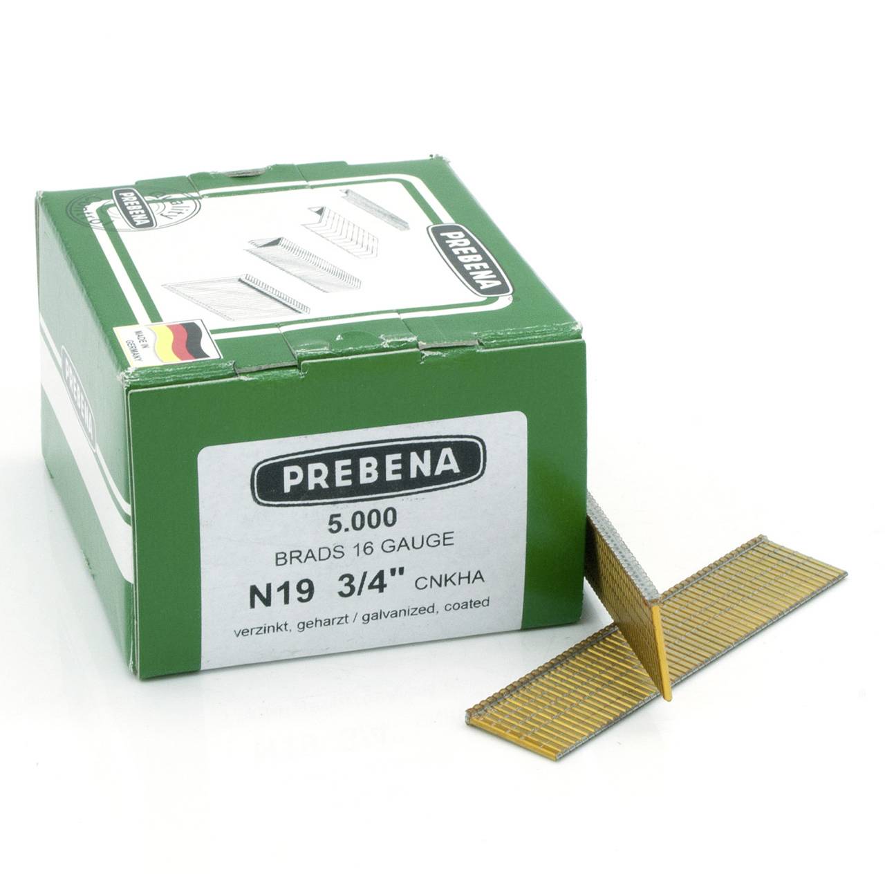 Grüne PREBENA-Box mit 5.000 Stahlnägeln aus 16er Stärke, Typ N19, 3/4 Zoll lang, mit losem goldfarbenem Nagel daneben.