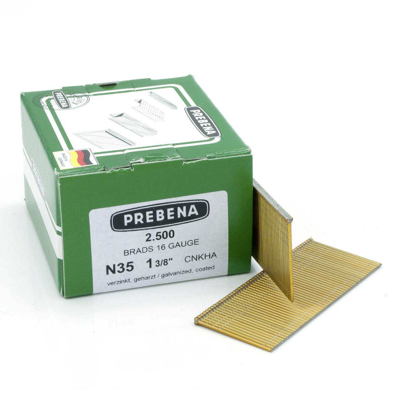 Grüne PREBENA-Schachtel mit 16er-Gauge-Nägeln mit einem Streifen gelber Nägel, die daneben auf weißem Hintergrund aufgefächert sind.