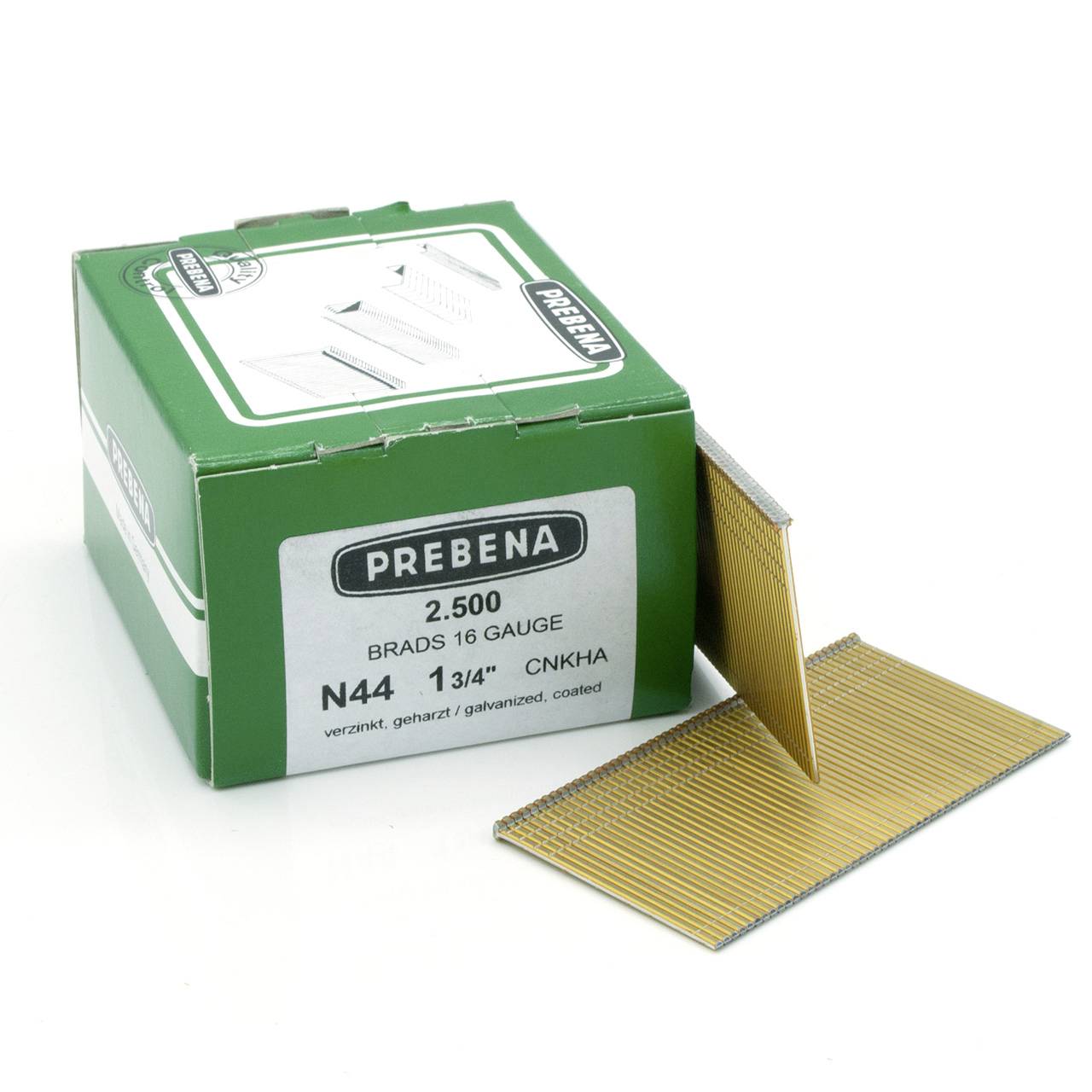 Grüne PREBENA-Box mit 16er-Schmalstiftausführung mit Streifengold-Nägeln daneben angezeigt.