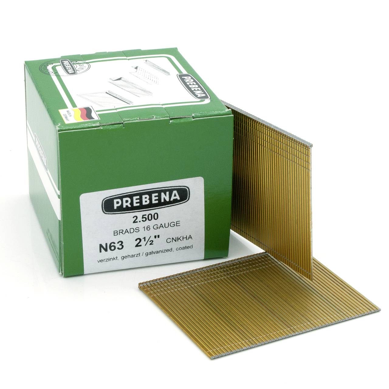 Grüne PREBENA-Box mit 2.500 16er-Stahlnägeln mit zwei Streifen vergoldeter Nägel, die daneben angezeigt werden.