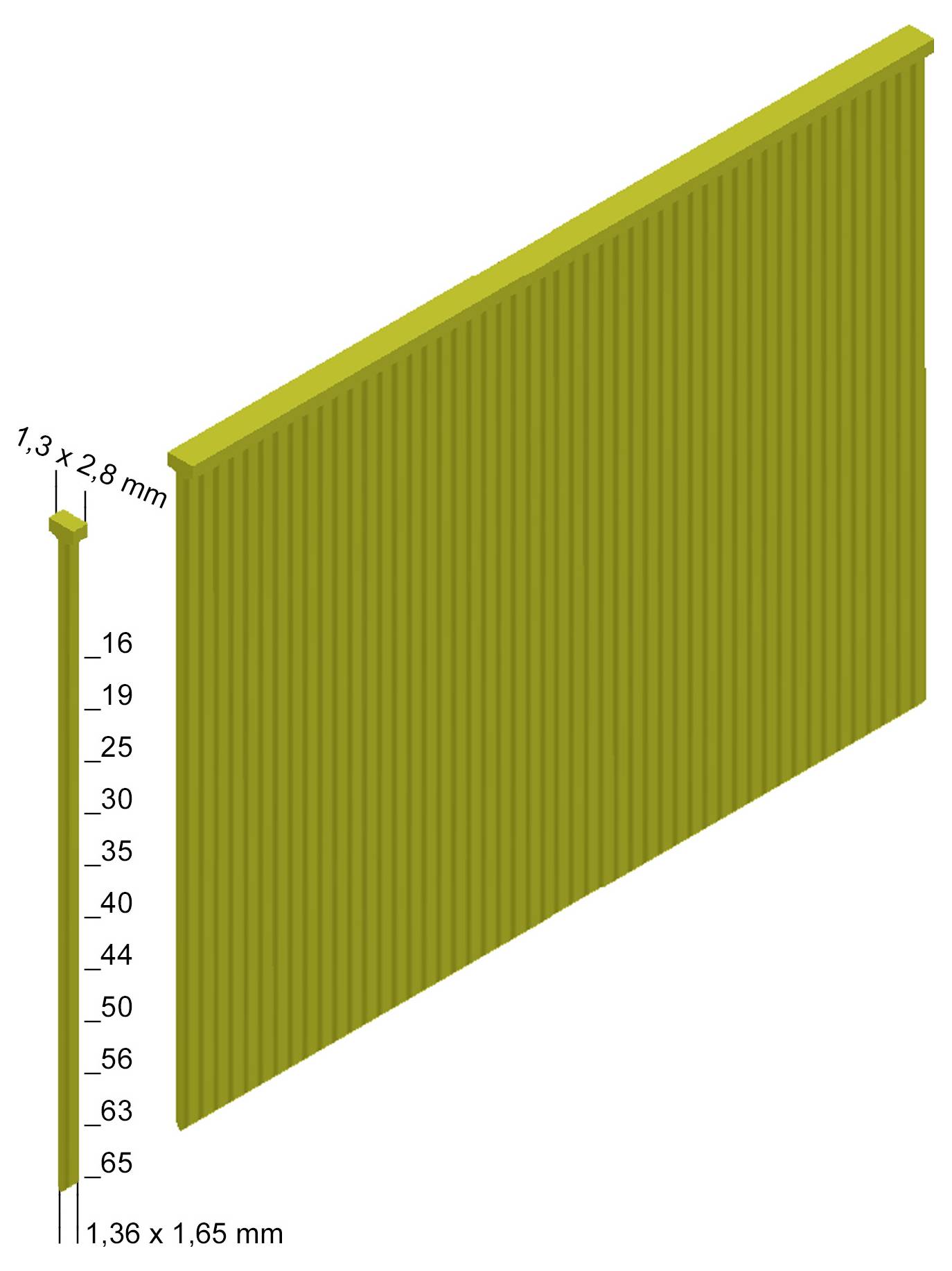Diagramm eines gewellten rechteckigen Panels mit Seitenprofil, das Abmessungen von 1,3 x 2,8 mm und 1,36 x 1,65 mm zeigt, sowie Skalierungsmarkierungen von 16 bis 65.
