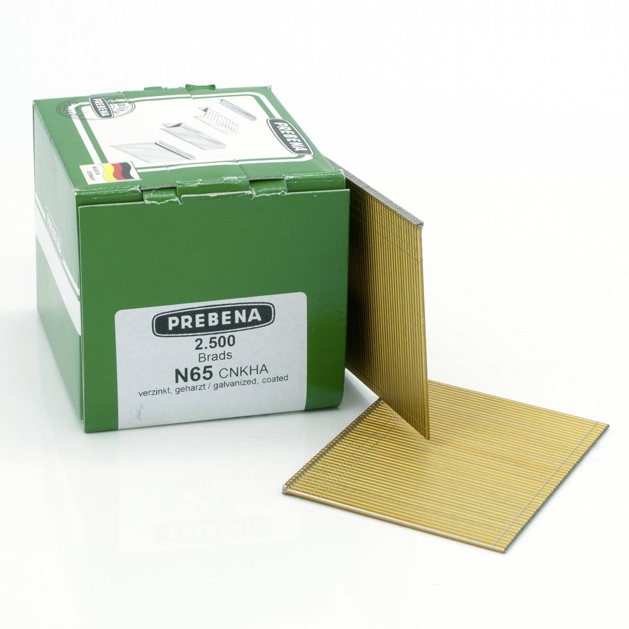 Grüne PREBENA-Schachtel mit N65-Stauchnieten mit einem Streifen goldfarbener Nägel, der daneben aufgefächert ist.