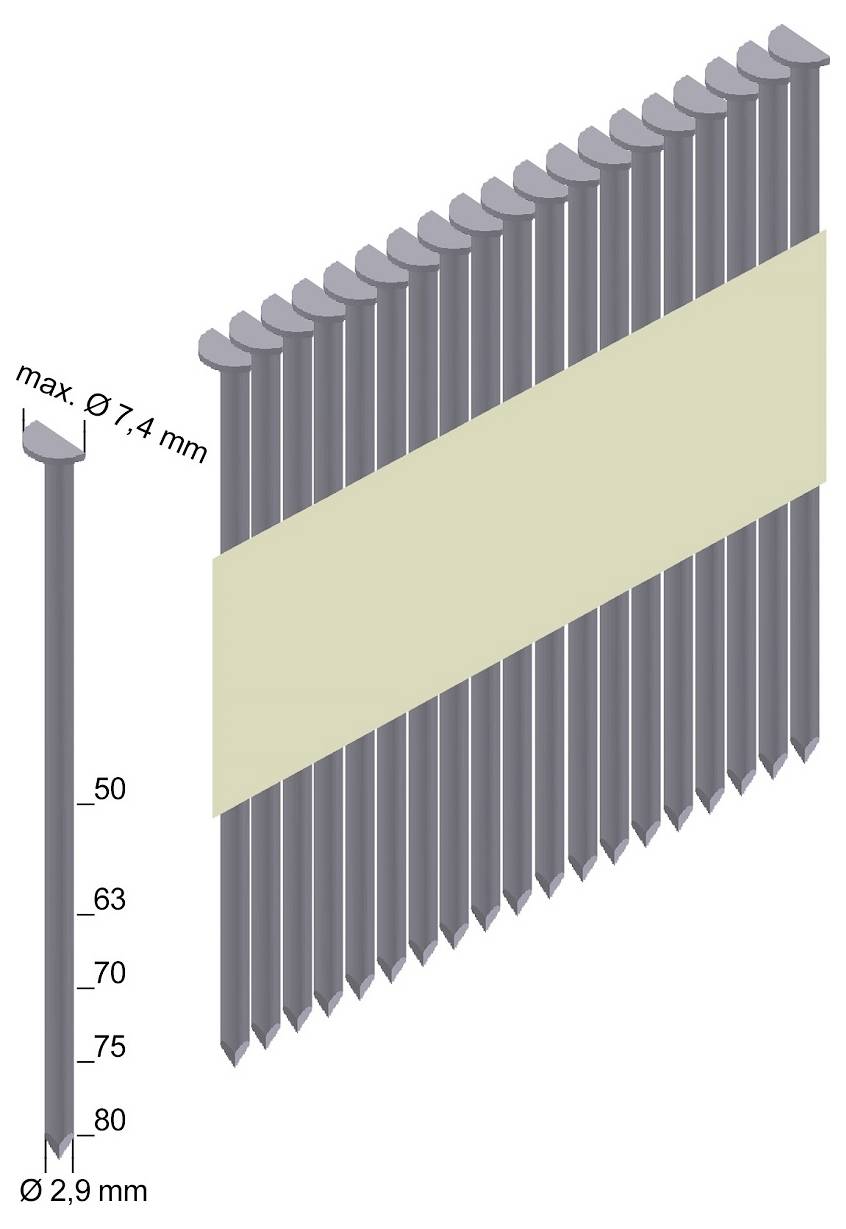Technisches Diagramm eines Nagel- oder Stiftarrays mit einem schräg hervorgehobenen Band; Beschriftungen zeigen max. Ø7,4 mm, Ø2,9 mm Basis und Längenzusammensetzung 50, 63, 70, 75, 80.